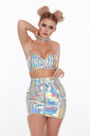Patent Silver Holographic high waisted Zipper miniskirt